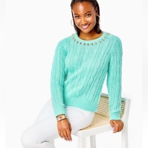 LILLY PULITZER Dario crew neck cable knit sweater, surf blue, women’s size small